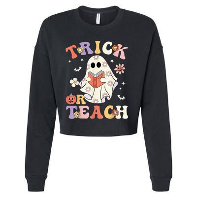 Groovy Teacher Halloween Trick or Teach Retro Floral Ghost Cropped Pullover Crew