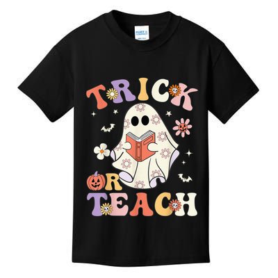 Groovy Teacher Halloween Trick or Teach Retro Floral Ghost Kids T-Shirt