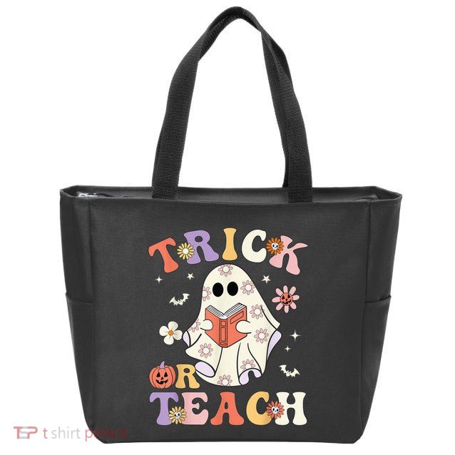 Groovy Teacher Halloween Trick or Teach Retro Floral Ghost Zip Tote Bag