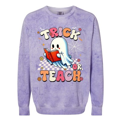 Groovy Teacher Halloween Retro Trick Or Teach Floral Ghost Colorblast Crewneck Sweatshirt