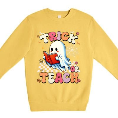 Groovy Teacher Halloween Retro Trick Or Teach Floral Ghost Premium Crewneck Sweatshirt