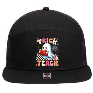 Groovy Teacher Halloween Retro Trick Or Teach Floral Ghost 7 Panel Mesh Trucker Snapback Hat