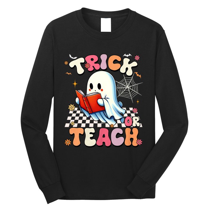 Groovy Teacher Halloween Retro Trick Or Teach Floral Ghost Long Sleeve Shirt