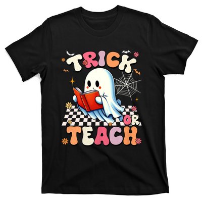 Groovy Teacher Halloween Retro Trick Or Teach Floral Ghost T-Shirt