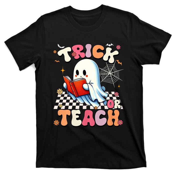 Groovy Teacher Halloween Retro Trick Or Teach Floral Ghost T-Shirt