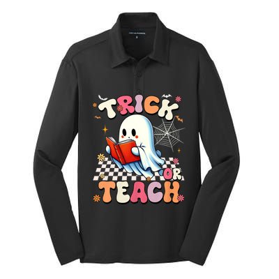 Groovy Teacher Halloween Retro Trick Or Teach Floral Ghost Silk Touch Performance Long Sleeve Polo