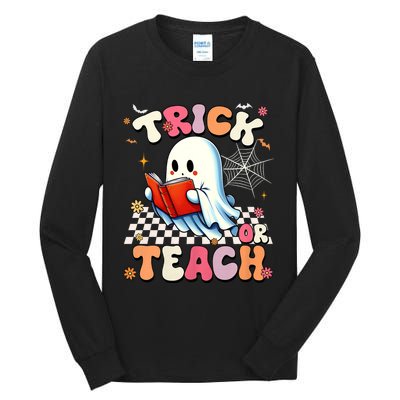 Groovy Teacher Halloween Retro Trick Or Teach Floral Ghost Tall Long Sleeve T-Shirt