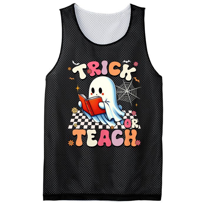 Groovy Teacher Halloween Retro Trick Or Teach Floral Ghost Mesh Reversible Basketball Jersey Tank