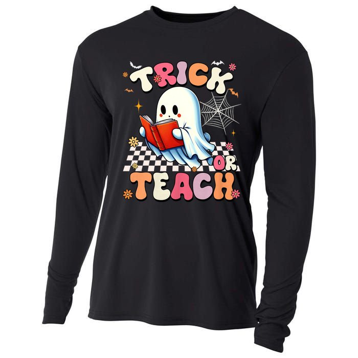 Groovy Teacher Halloween Retro Trick Or Teach Floral Ghost Cooling Performance Long Sleeve Crew