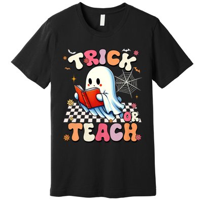 Groovy Teacher Halloween Retro Trick Or Teach Floral Ghost Premium T-Shirt