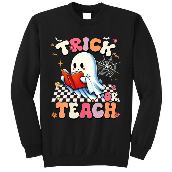 Groovy Teacher Halloween Retro Trick Or Teach Floral Ghost Tall Sweatshirt