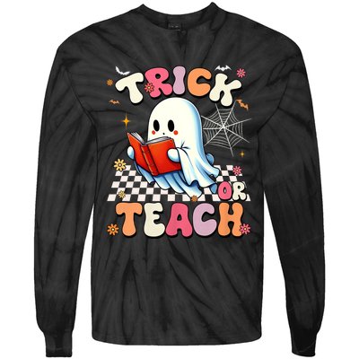 Groovy Teacher Halloween Retro Trick Or Teach Floral Ghost Tie-Dye Long Sleeve Shirt