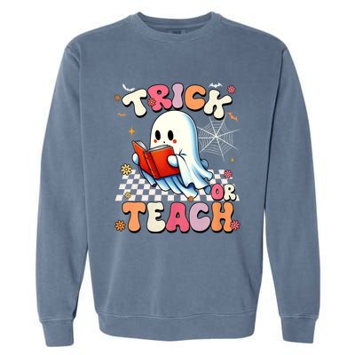 Groovy Teacher Halloween Retro Trick Or Teach Floral Ghost Garment-Dyed Sweatshirt