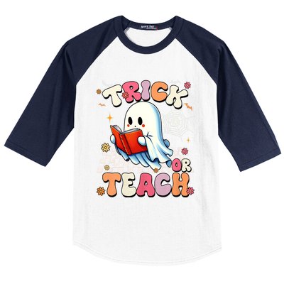 Groovy Teacher Halloween Retro Trick Or Teach Floral Ghost Baseball Sleeve Shirt