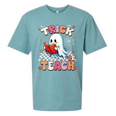 Groovy Teacher Halloween Retro Trick Or Teach Floral Ghost Sueded Cloud Jersey T-Shirt