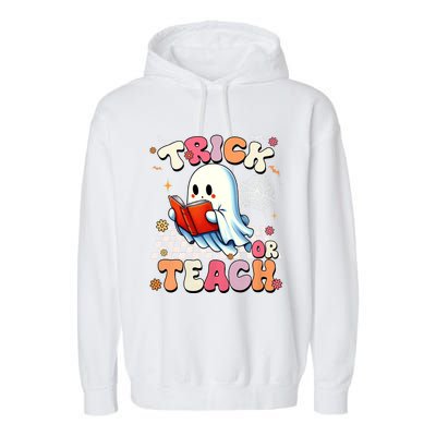 Groovy Teacher Halloween Retro Trick Or Teach Floral Ghost Garment-Dyed Fleece Hoodie