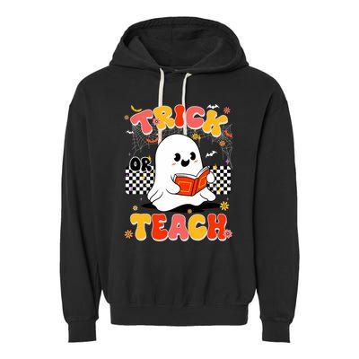 Groovy Teacher Halloween Retro Trick Or Teach Floral Ghost Garment-Dyed Fleece Hoodie