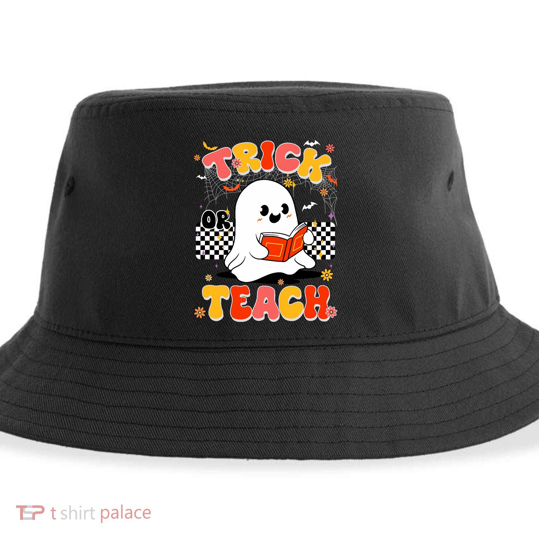 Groovy Teacher Halloween Retro Trick Or Teach Floral Ghost Sustainable Bucket Hat