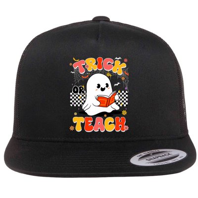 Groovy Teacher Halloween Retro Trick Or Teach Floral Ghost Flatbill Hat