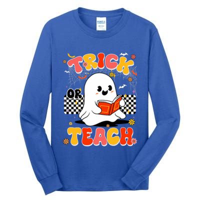 Groovy Teacher Halloween Retro Trick Or Teach Floral Ghost Tall Long Sleeve T-Shirt