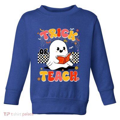 Groovy Teacher Halloween Retro Trick Or Teach Floral Ghost Toddler Sweatshirt