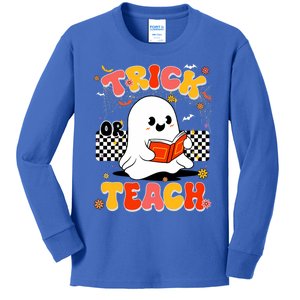 Groovy Teacher Halloween Retro Trick Or Teach Floral Ghost Kids Long Sleeve Shirt