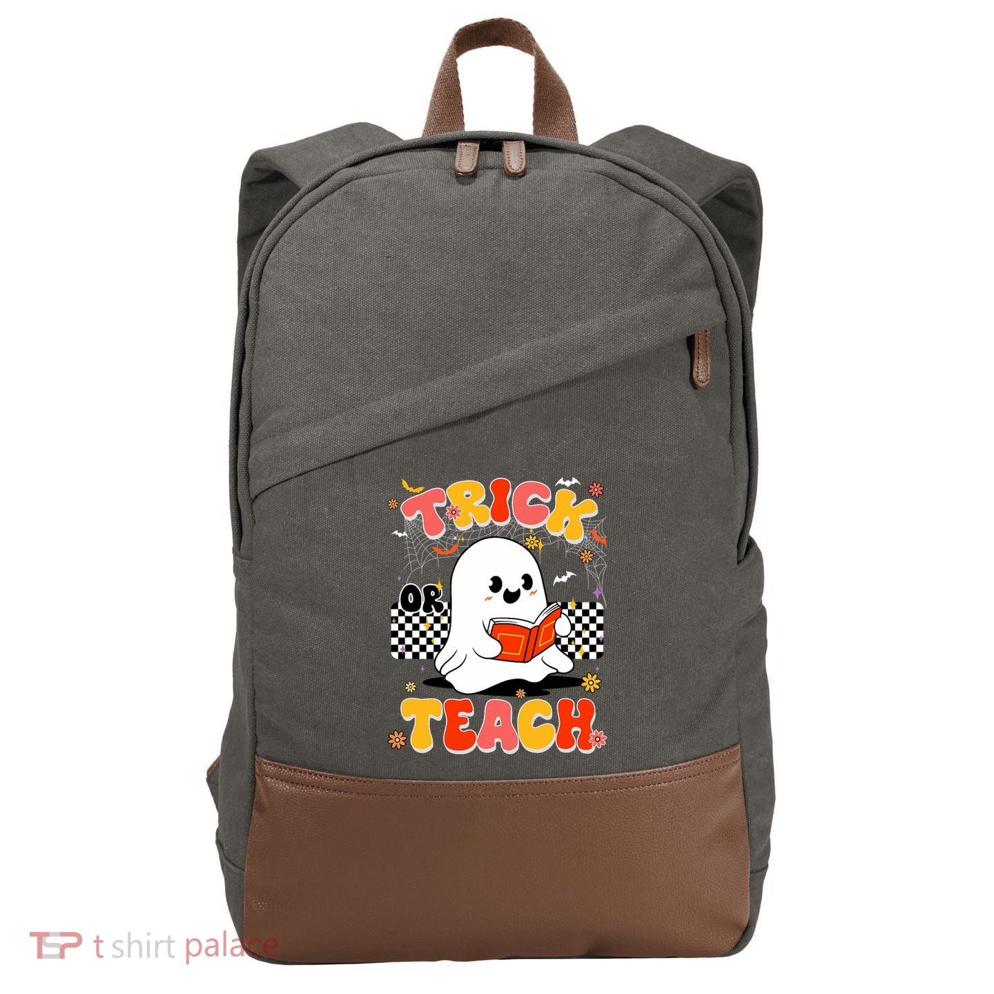 Groovy Teacher Halloween Retro Trick Or Teach Floral Ghost Cotton Canvas Backpack