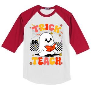 Groovy Teacher Halloween Retro Trick Or Teach Floral Ghost Kids Colorblock Raglan Jersey