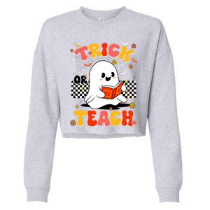 Groovy Teacher Halloween Retro Trick Or Teach Floral Ghost Cropped Pullover Crew