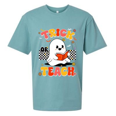 Groovy Teacher Halloween Retro Trick Or Teach Floral Ghost Sueded Cloud Jersey T-Shirt