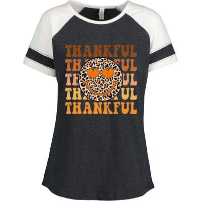 Groovy Thankful Hello Fall Leopard Retro Autumn Thanksgiving Enza Ladies Jersey Colorblock Tee