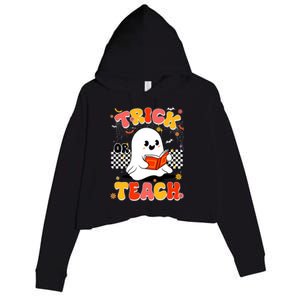 Groovy Teacher Halloween Retro Trick Or Teach Floral Ghost Crop Fleece Hoodie