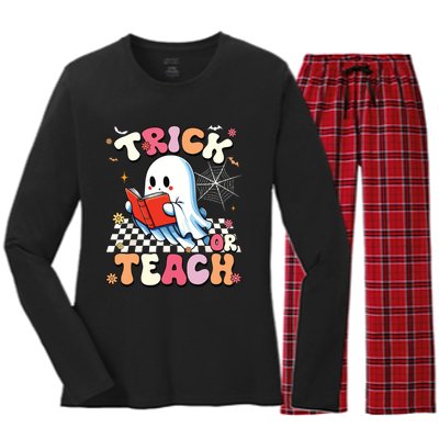 Groovy Teacher Halloween Retro Trick Or Teach Floral Ghost Women's Long Sleeve Flannel Pajama Set 