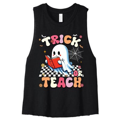 Groovy Teacher Halloween Retro Trick Or Teach Floral Ghost Women's Racerback Cropped Tank