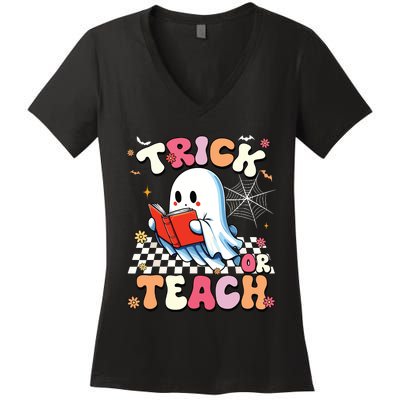 Groovy Teacher Halloween Retro Trick Or Teach Floral Ghost Women's V-Neck T-Shirt