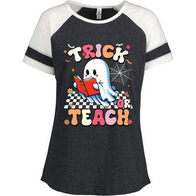 Groovy Teacher Halloween Retro Trick Or Teach Floral Ghost Enza Ladies Jersey Colorblock Tee