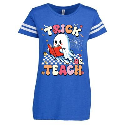 Groovy Teacher Halloween Retro Trick Or Teach Floral Ghost Enza Ladies Jersey Football T-Shirt