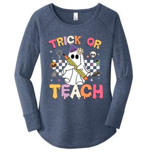 Groovy Teacher Halloween Retro Trick Or Teach Floral Ghost Funny Gift Women's Perfect Tri Tunic Long Sleeve Shirt