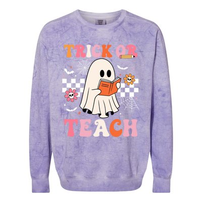 Groovy Teacher Halloween Retro Trick Or Teach Floral Ghost Cool Gift Colorblast Crewneck Sweatshirt