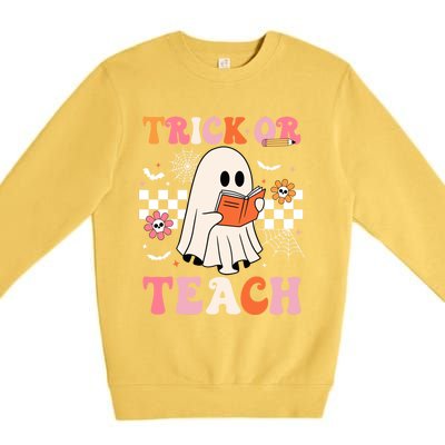 Groovy Teacher Halloween Retro Trick Or Teach Floral Ghost Cool Gift Premium Crewneck Sweatshirt