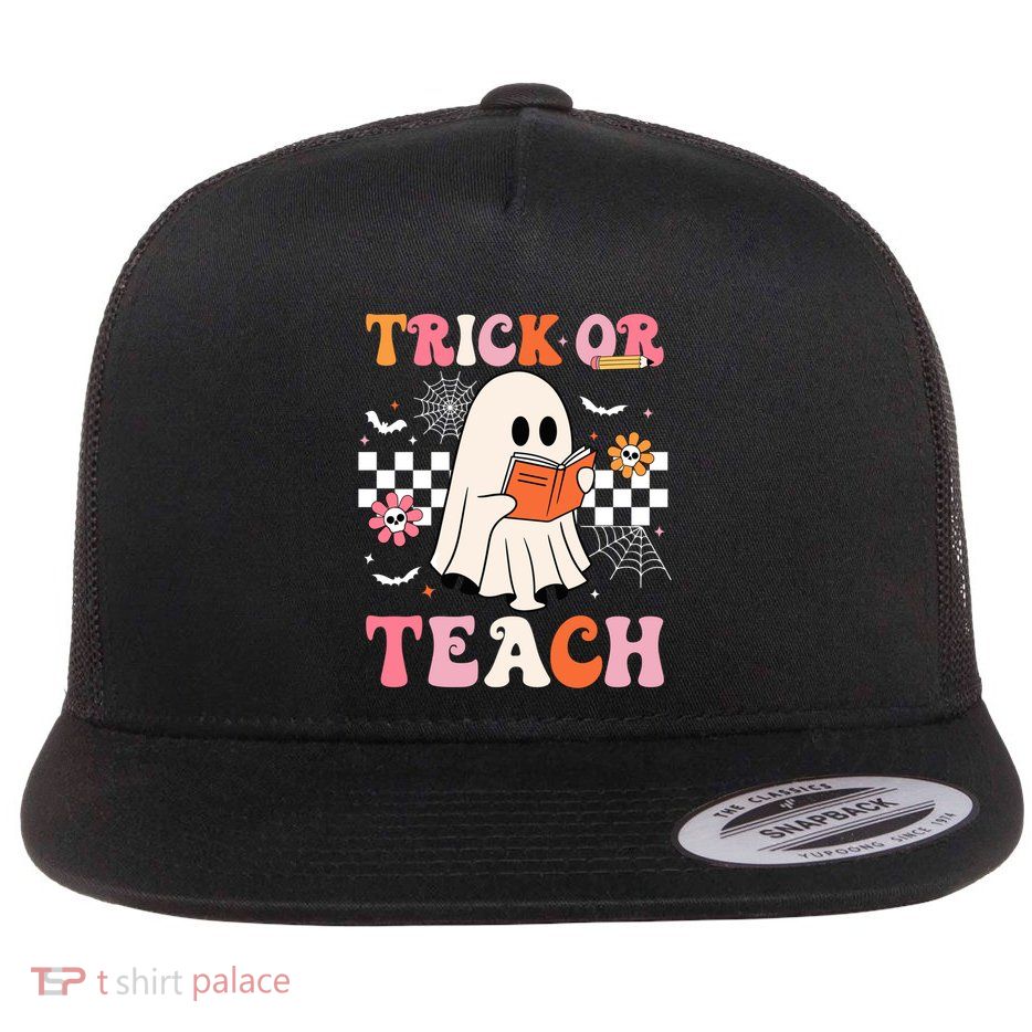 Groovy Teacher Halloween Retro Trick Or Teach Floral Ghost Cool Gift Flat Bill Trucker Hat