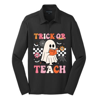 Groovy Teacher Halloween Retro Trick Or Teach Floral Ghost Cool Gift Silk Touch Performance Long Sleeve Polo