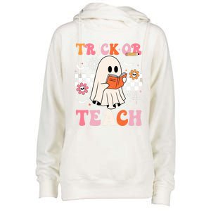 Groovy Teacher Halloween Retro Trick Or Teach Floral Ghost Cool Gift Womens Funnel Neck Pullover Hood