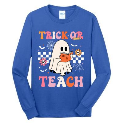 Groovy Teacher Halloween Retro Trick Or Teach Floral Ghost Cool Gift Tall Long Sleeve T-Shirt