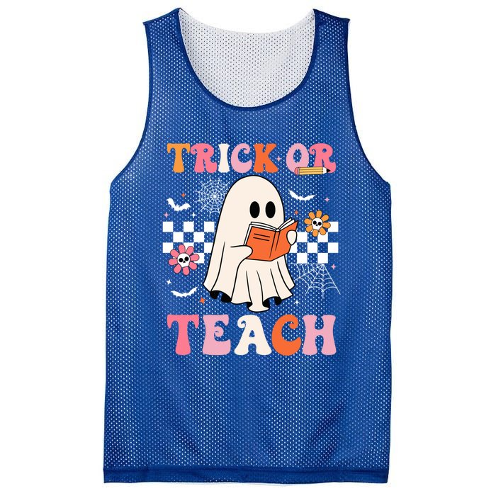 Groovy Teacher Halloween Retro Trick Or Teach Floral Ghost Cool Gift Mesh Reversible Basketball Jersey Tank