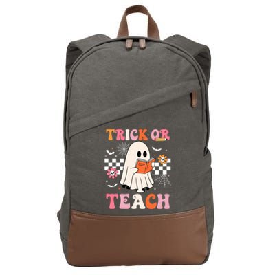 Groovy Teacher Halloween Retro Trick Or Teach Floral Ghost Cool Gift Cotton Canvas Backpack