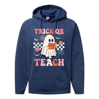 Groovy Teacher Halloween Retro Trick Or Teach Floral Ghost Cool Gift Performance Fleece Hoodie