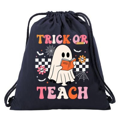 Groovy Teacher Halloween Retro Trick Or Teach Floral Ghost Cool Gift Drawstring Bag