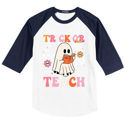 Groovy Teacher Halloween Retro Trick Or Teach Floral Ghost Cool Gift Baseball Sleeve Shirt