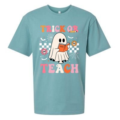 Groovy Teacher Halloween Retro Trick Or Teach Floral Ghost Cool Gift Sueded Cloud Jersey T-Shirt